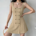Woman model wearing khaki square neck brass button corset cami mini dress casual daily outfit
