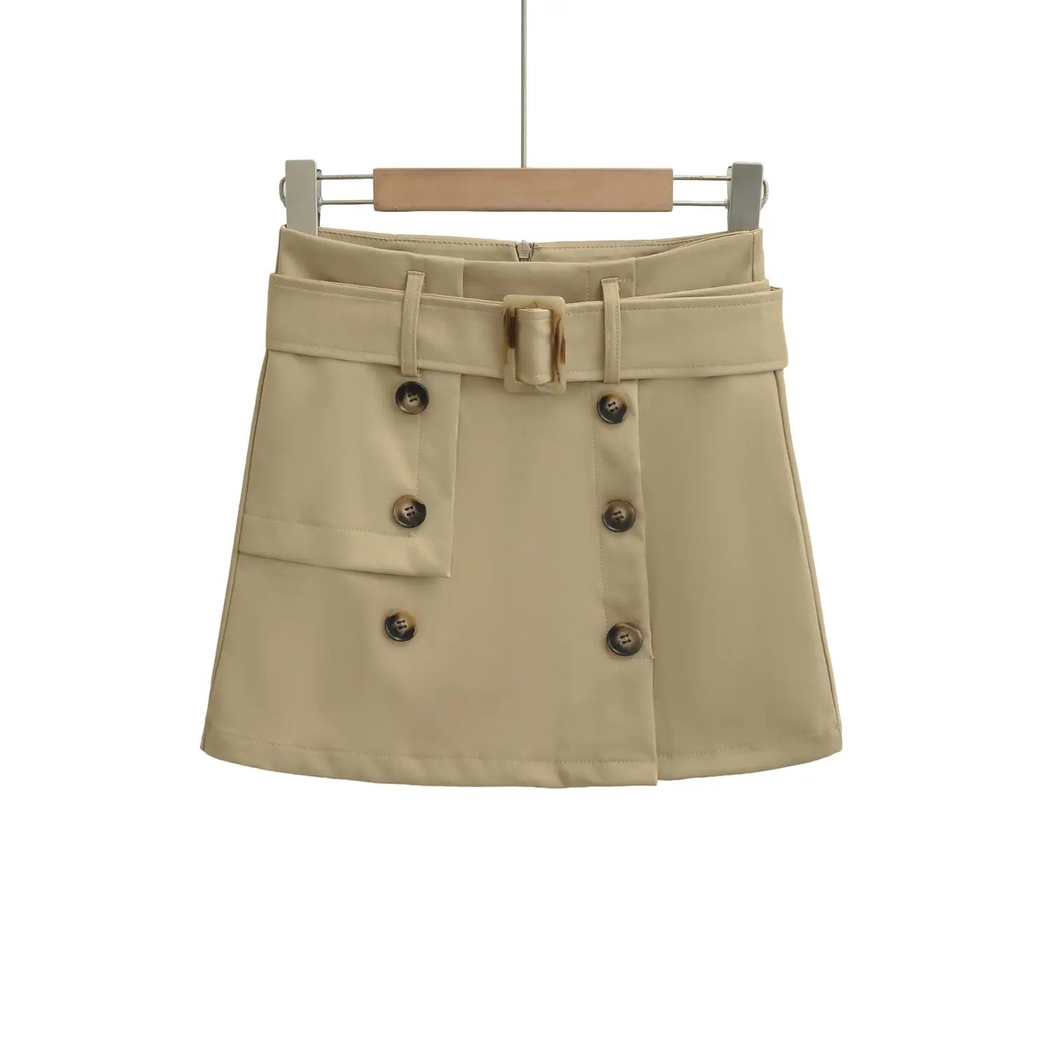 Khaki buckle belt a-line mini skirt front hanger plain white flat lay, matching fabric full belt dual belt loops six gradient horn decorative buttons high waist slim workwear skirt shot