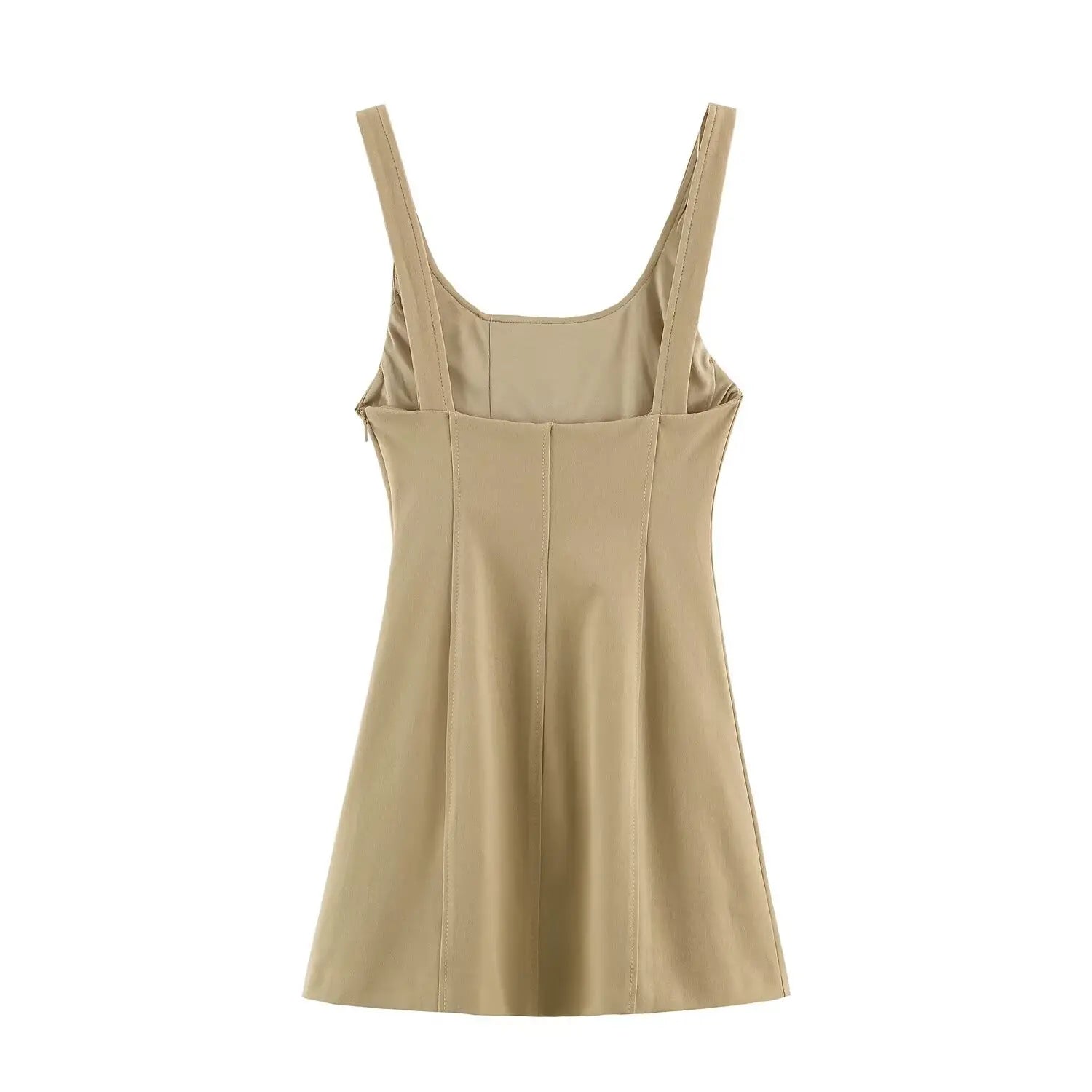 Back view of khaki square strap mini dress with side invisible zipper and full lining