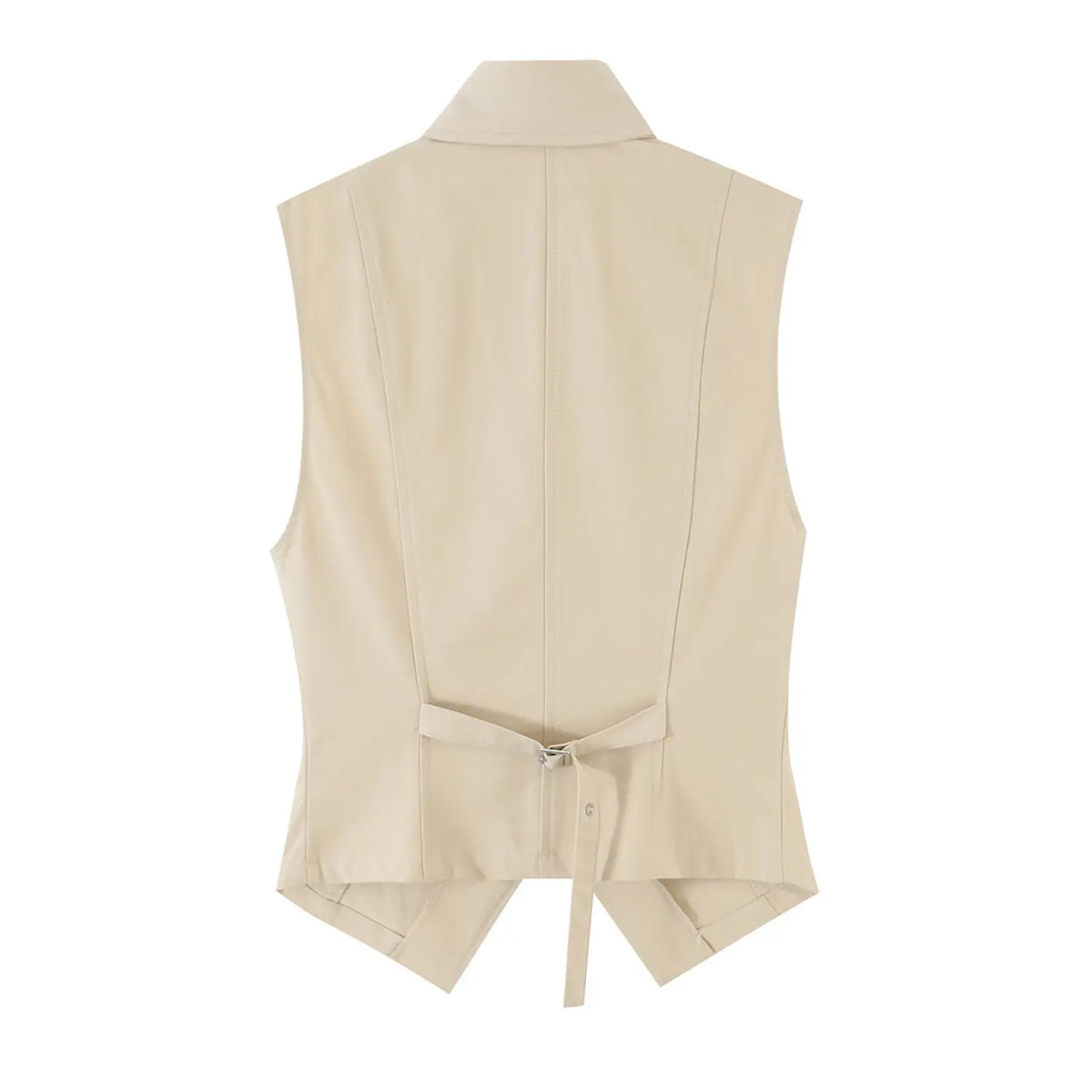 Back flat lay of khaki collared cut out button up utility vest