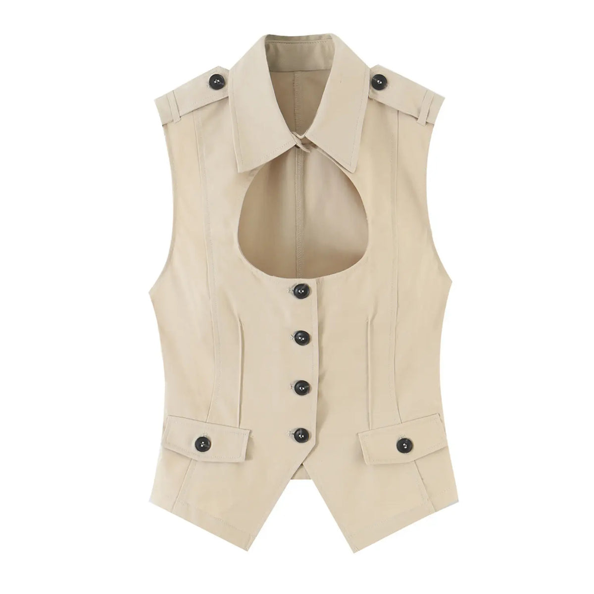 Front flat lay of khaki collared cut out button up utility vest