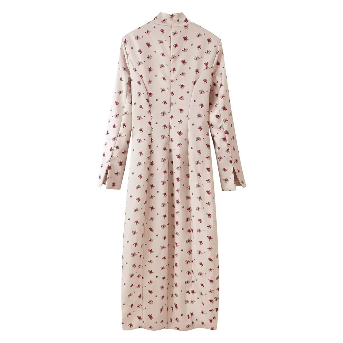 Back full view khaki ditsy rose floral maxi dress with stand collar and back zipper
