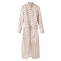 Front full view khaki ditsy rose floral maxi dress, stand collar, faux button placket, front slit, long sleeve