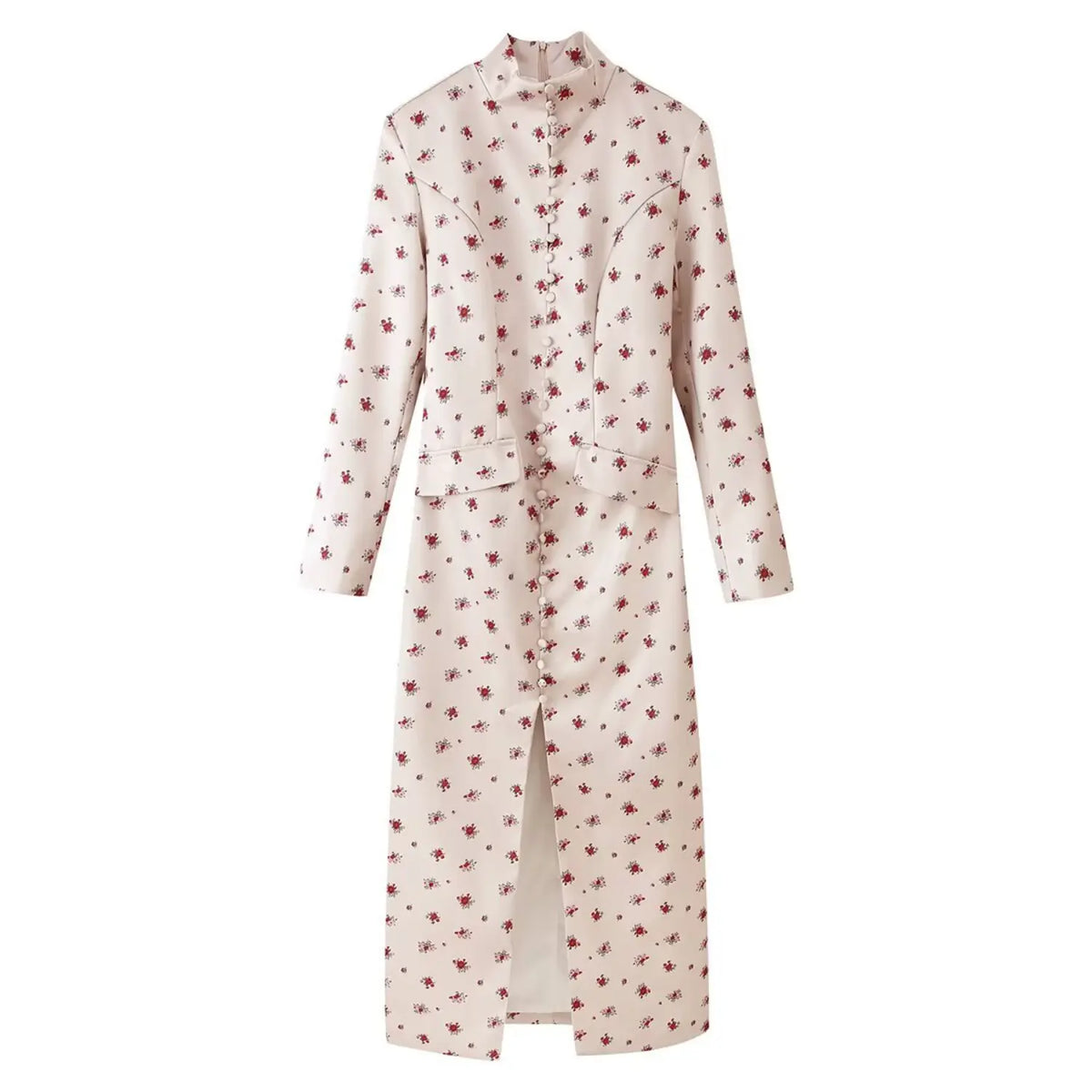 Front full view khaki ditsy rose floral maxi dress, stand collar, faux button placket, front slit, long sleeve