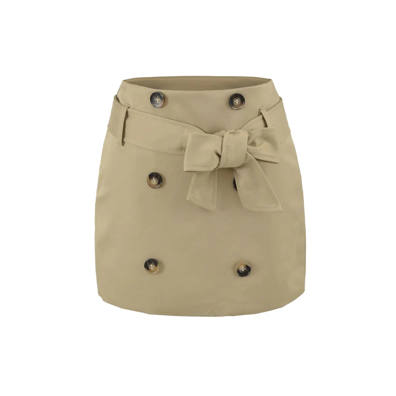 Khaki double-breasted bow belt a-line mini skirt front plain white flat lay, high waist cut removable matching fabric bow strap six symmetrical gradient horn buttons clean a-line suit skirt main product shot