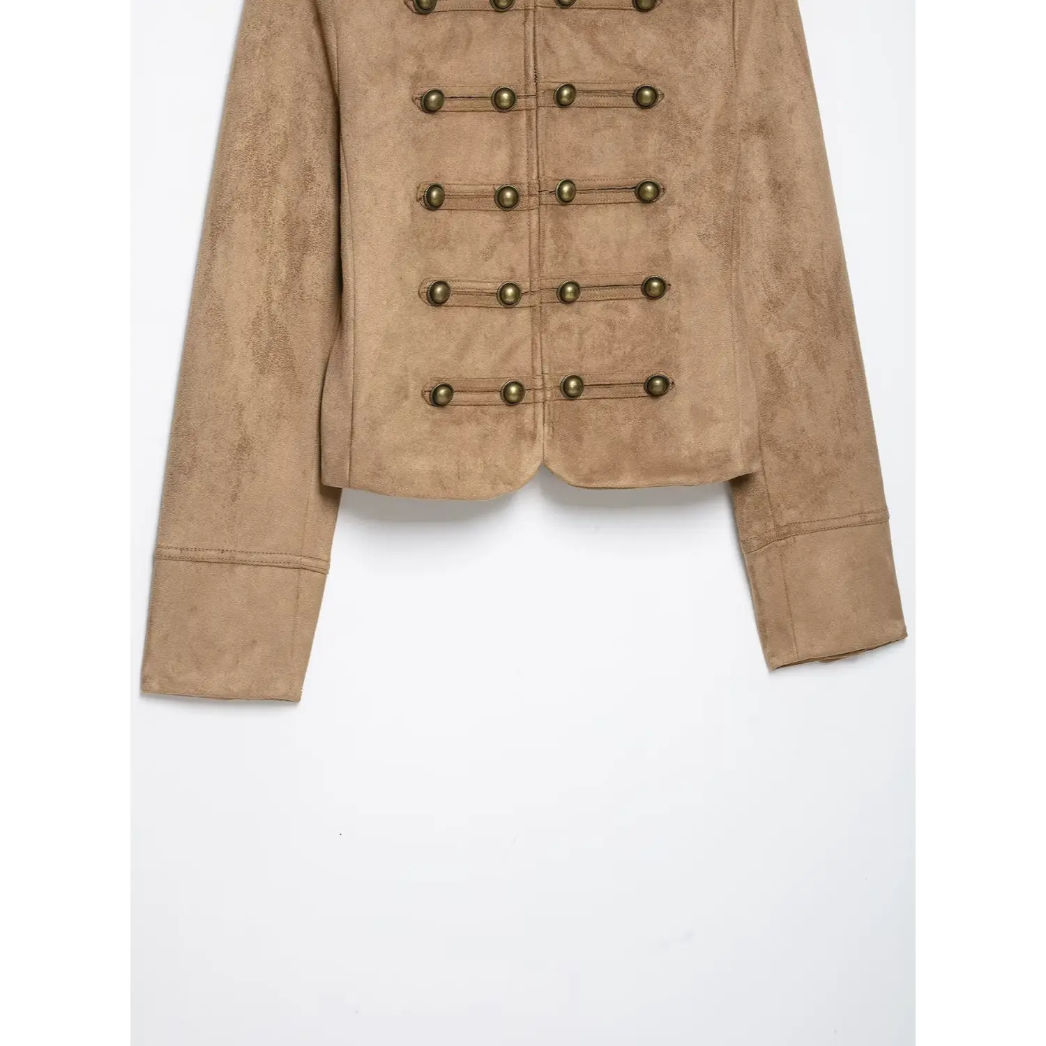 Waist & hem shot khaki faux suede cropped military jacket with antique brass double rows buttons