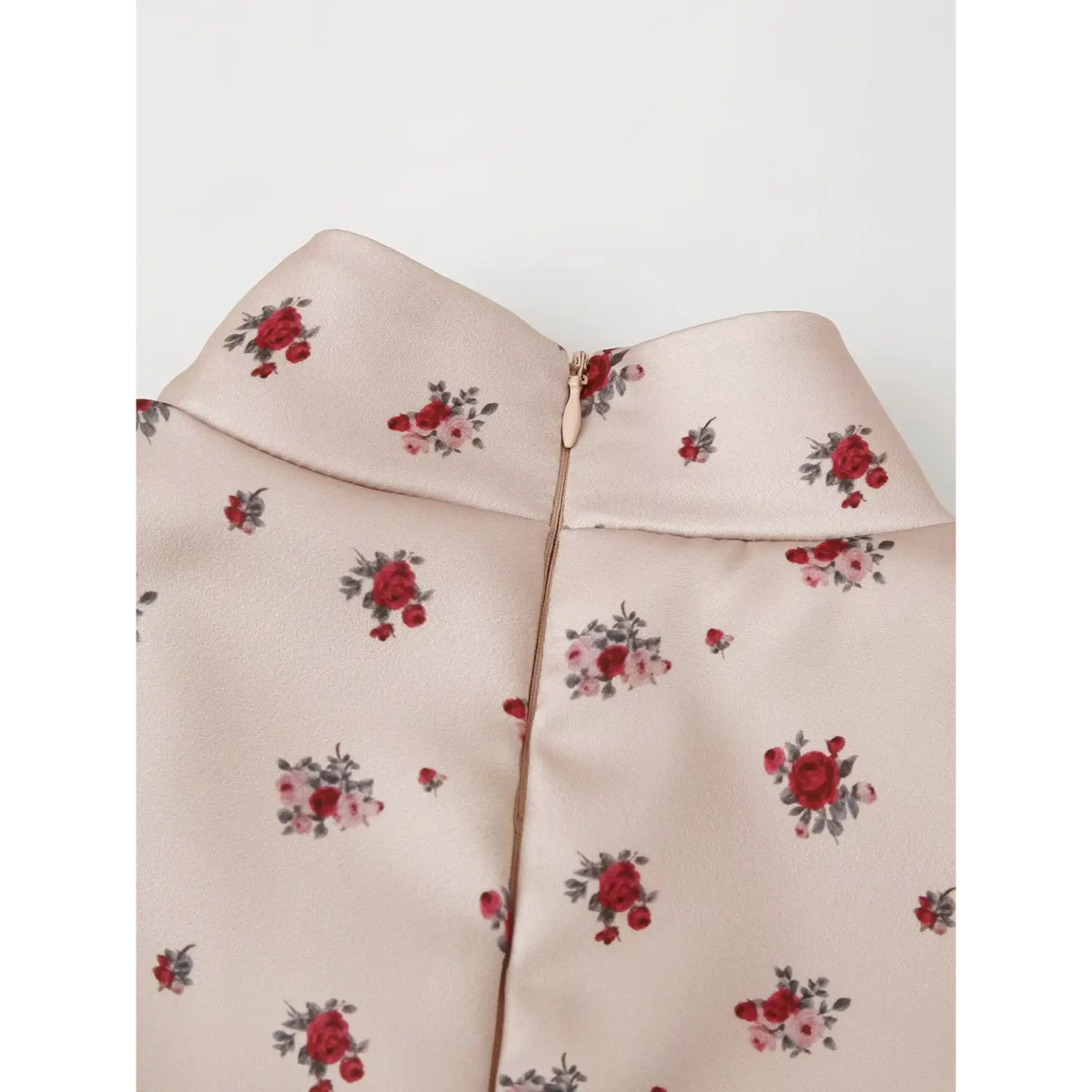 Close‑up stand collar and back invisible zipper detail on khaki floral maxi dress