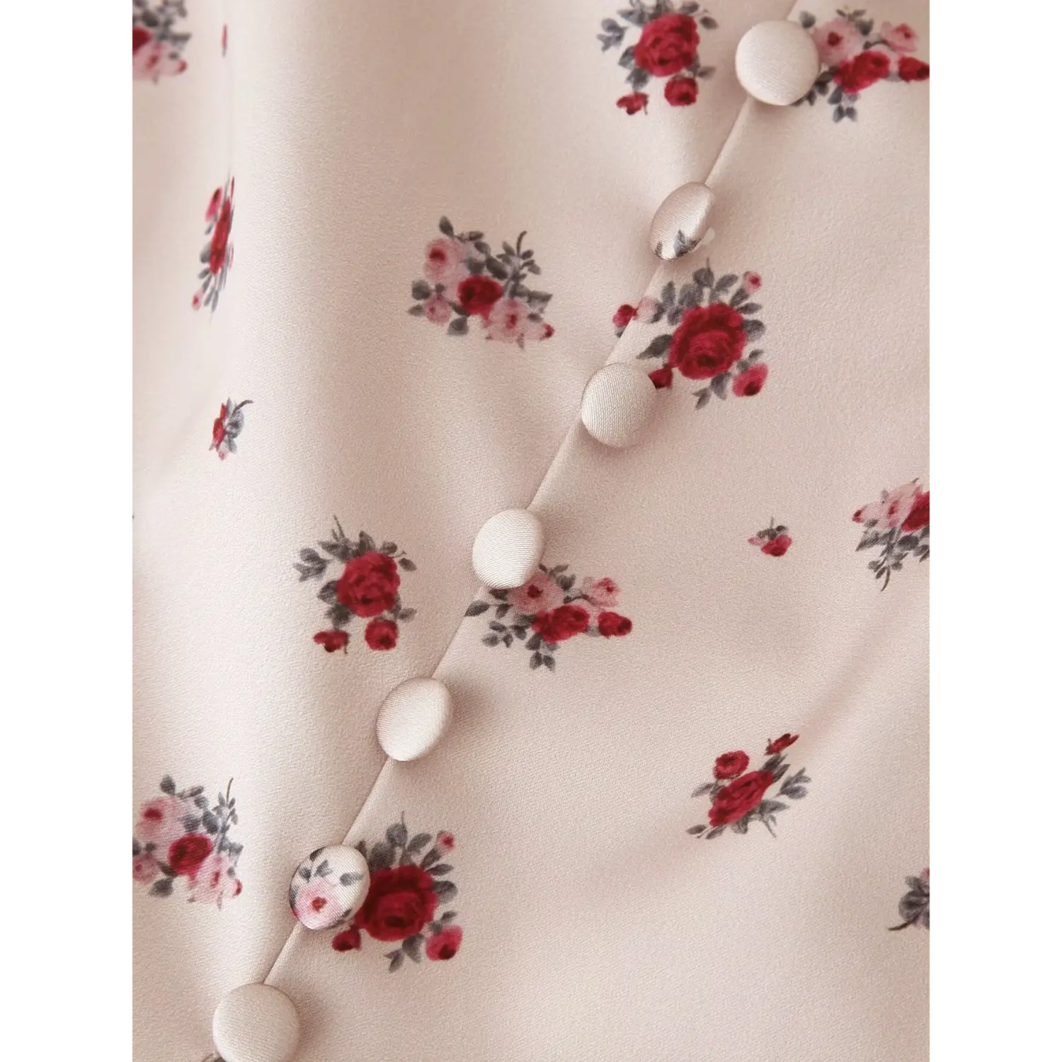 Macro close‑up fabric buttons and ditsy rose floral print on khaki maxi dress