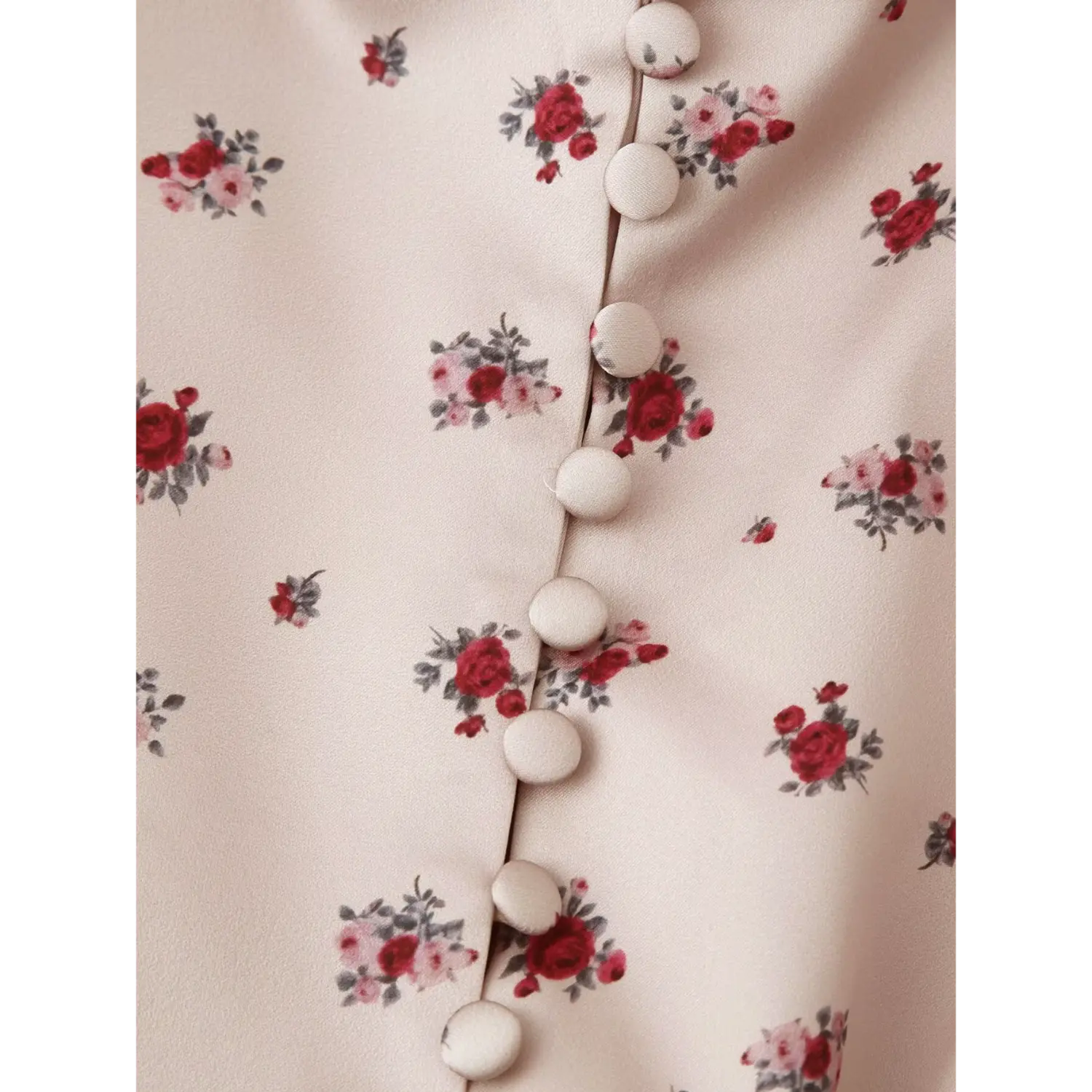 Close‑up of fabric covered faux button placket on khaki ditsy rose floral maxi dress