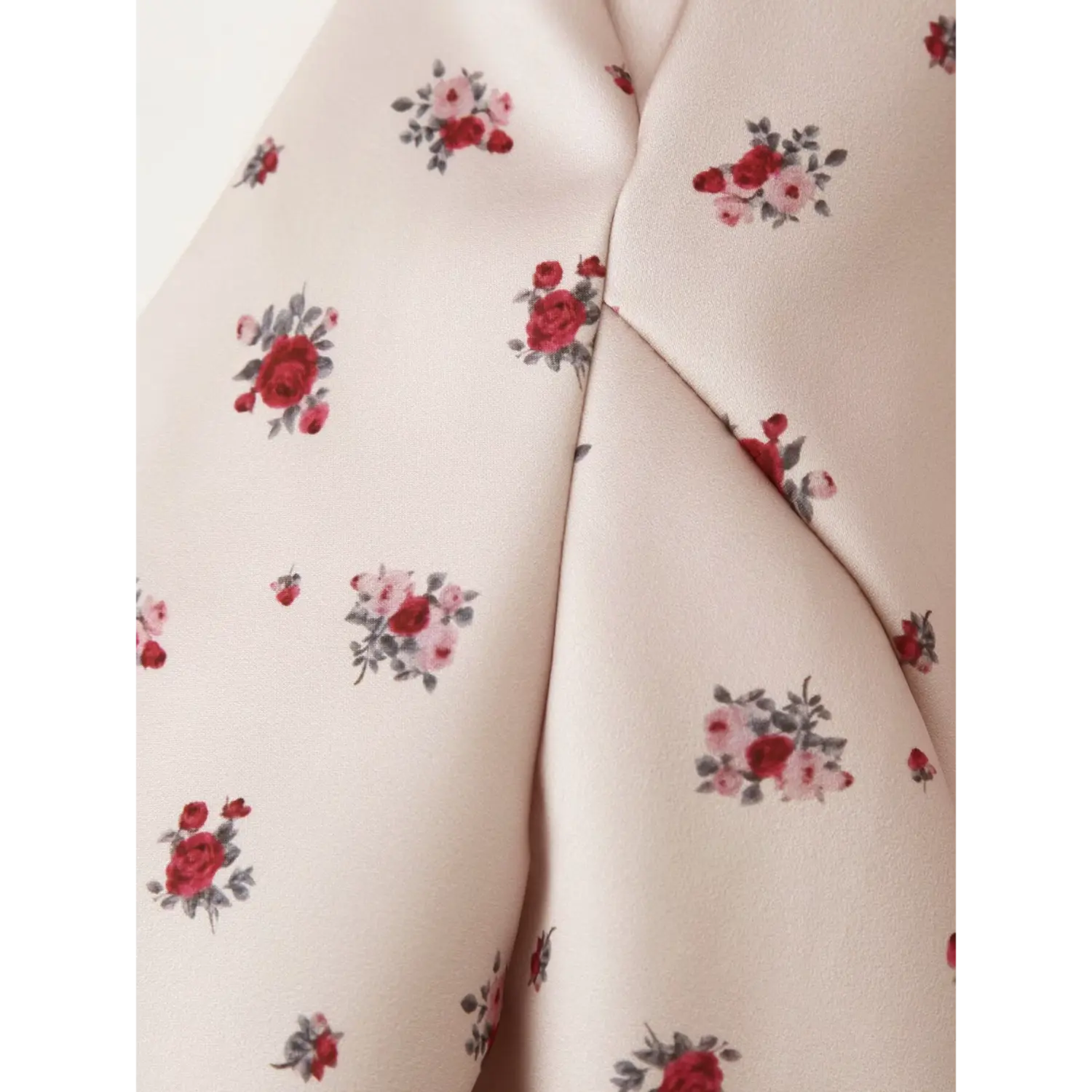 Close‑up shoulder seam and satin fabric texture of khaki ditsy rose floral maxi dress