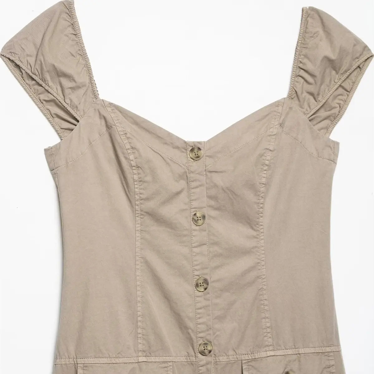 Front view of the khaki off-shoulder dress, showing the sweetheart neckline, button-down bodice, and ruched cap sleeves