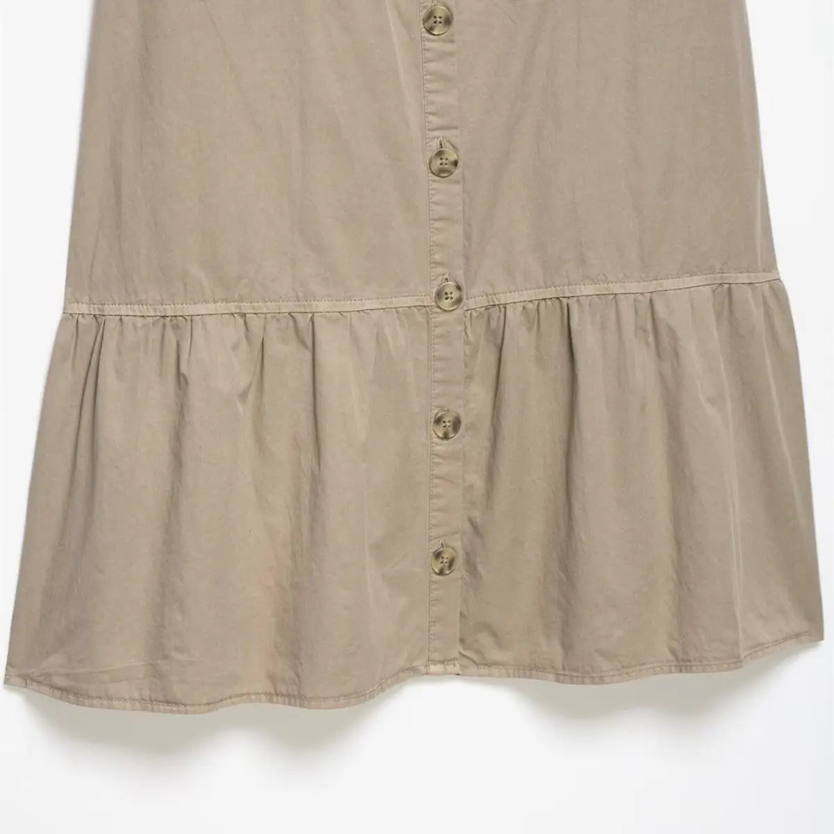 Hem detail of the khaki dress, showing the gathered ruffled tier and full-length button placket