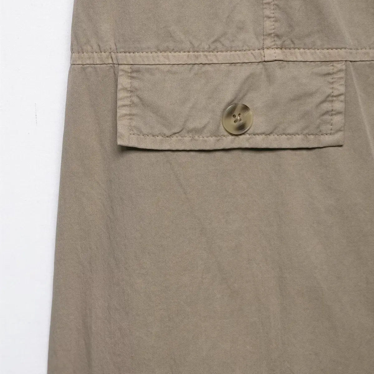 Close-up of the buttoned patch pocket on the khaki dress, featuring a matching tortoiseshell button