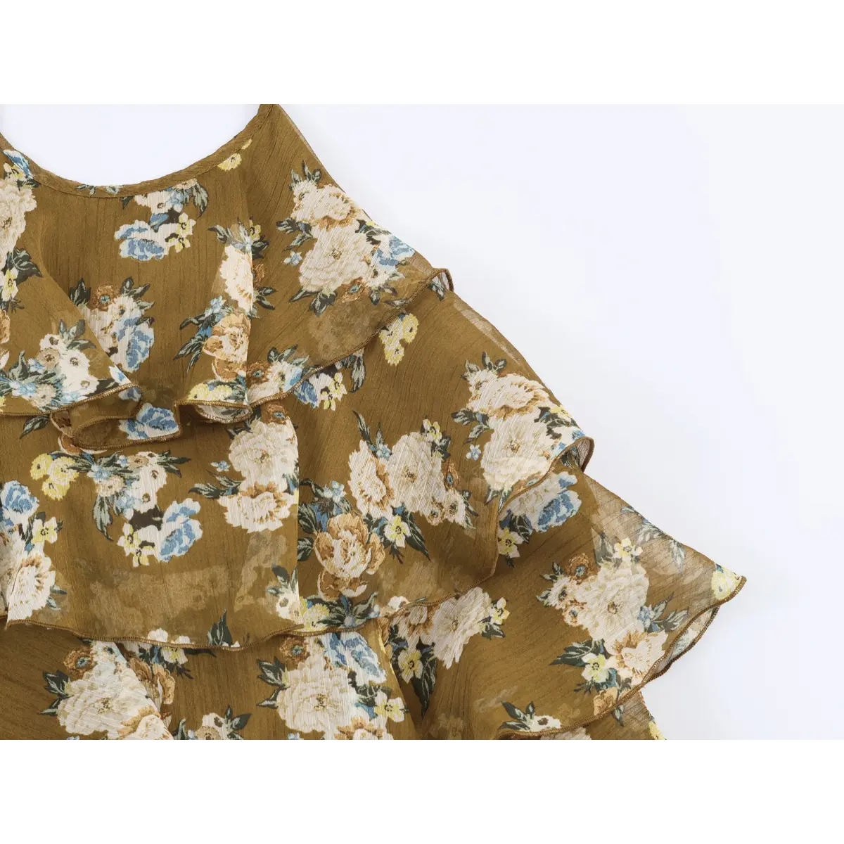 Macro detail of cascading layered ruffle on olive base floral halter slip dress, textured crinkle chiffon material.