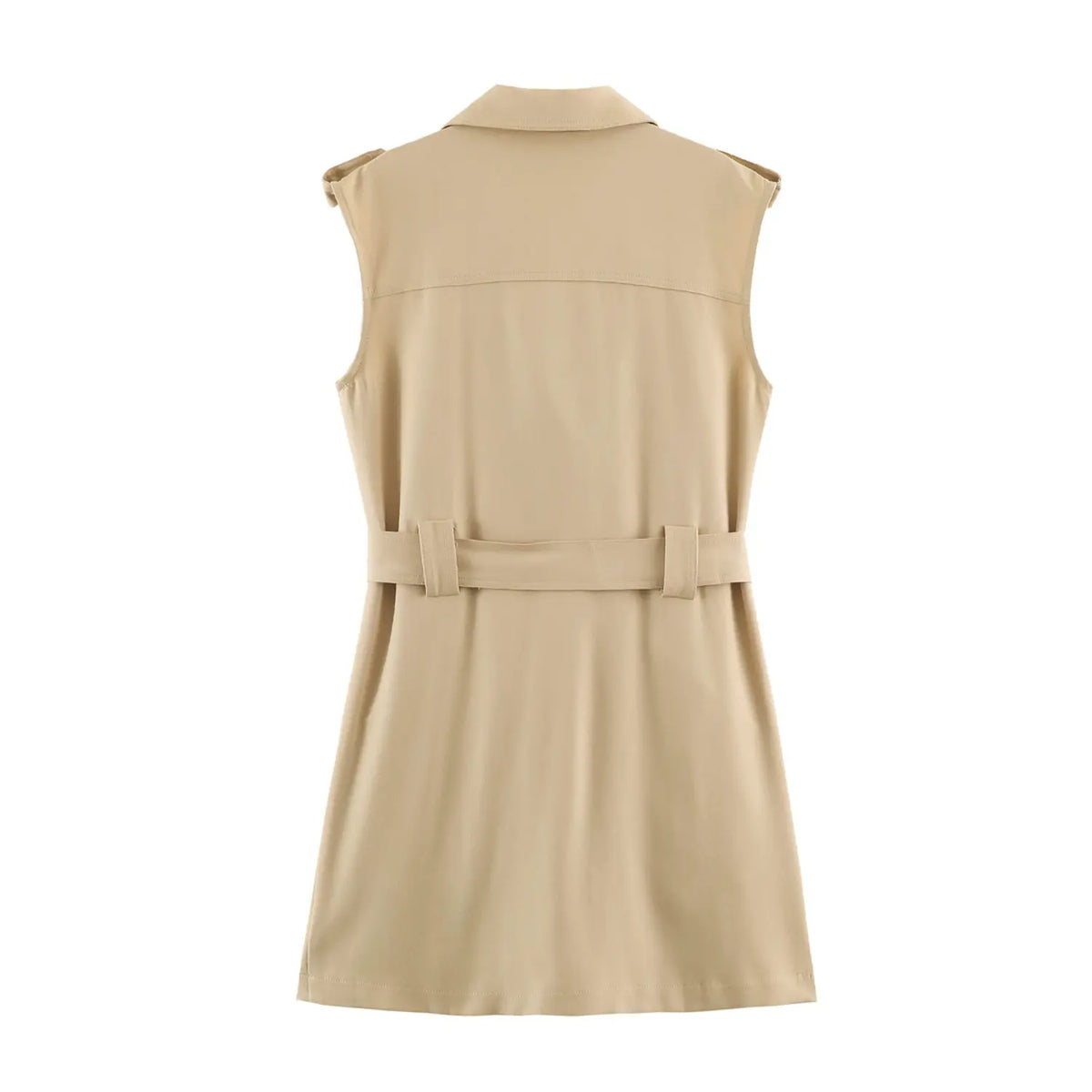 Back flat lay of khaki sleeveless double breasted belted mini dress