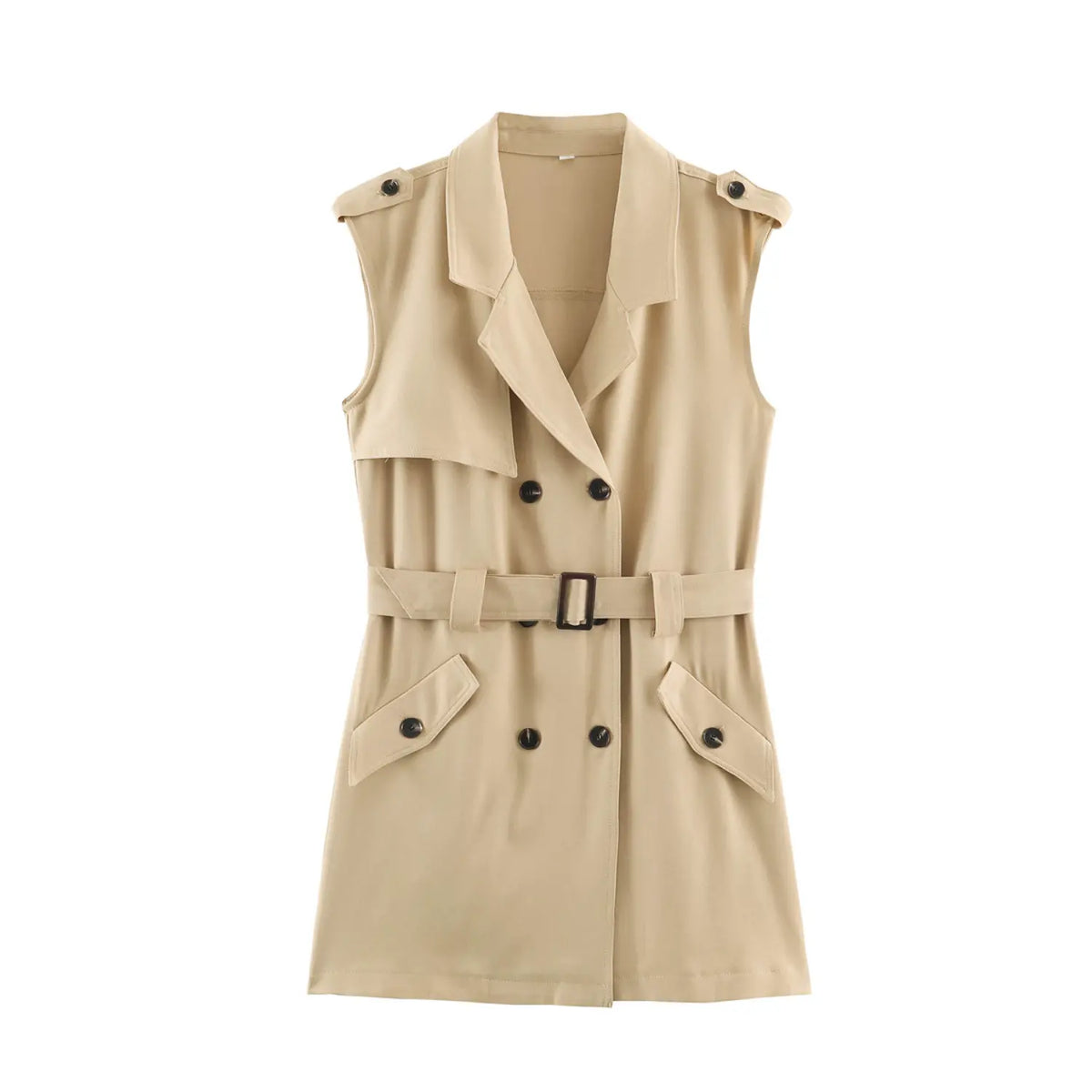 Front flat lay of khaki sleeveless double breasted belted mini dress