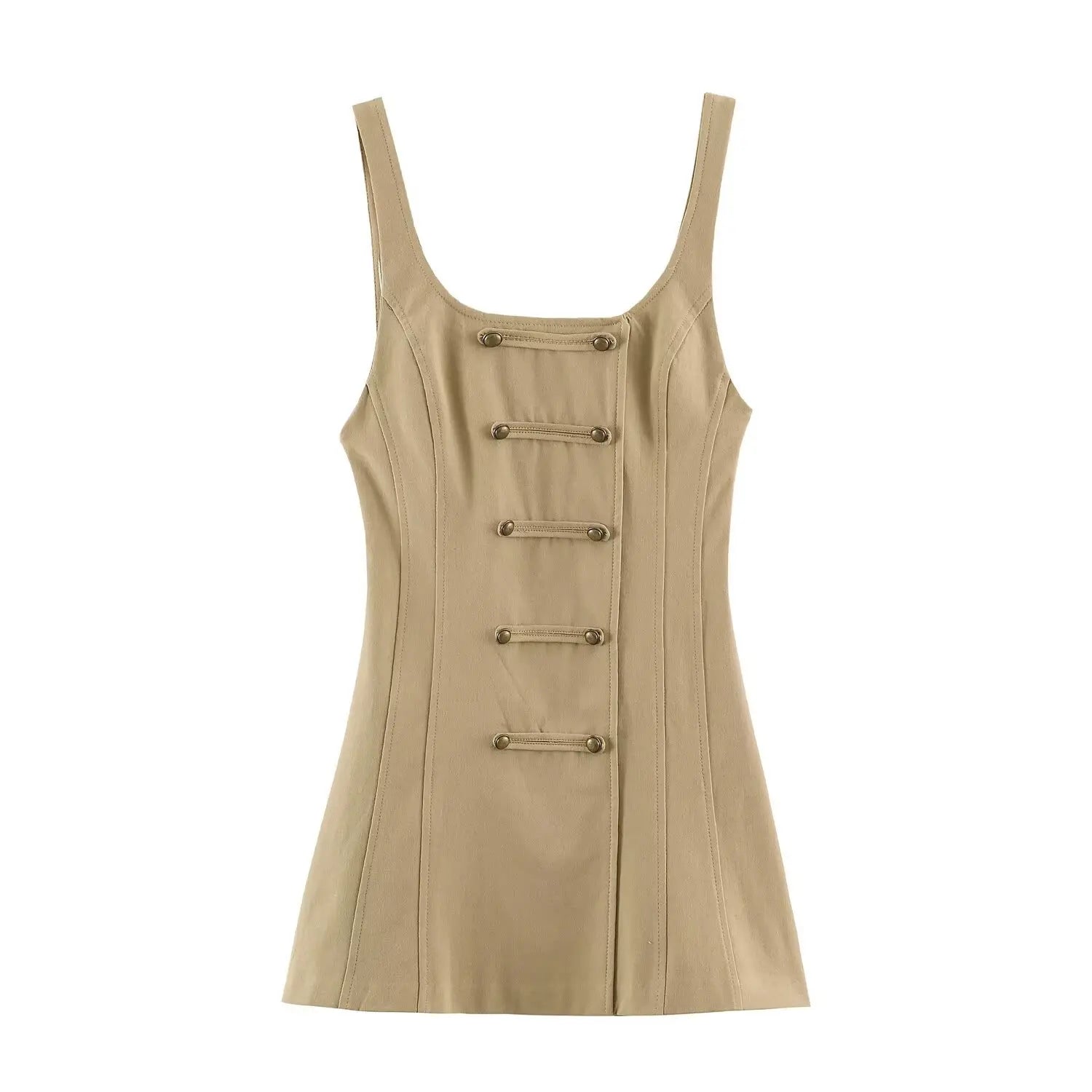 Khaki square neck sleeveless mini dress with vertical brass double buttons corset stitching front view on white background