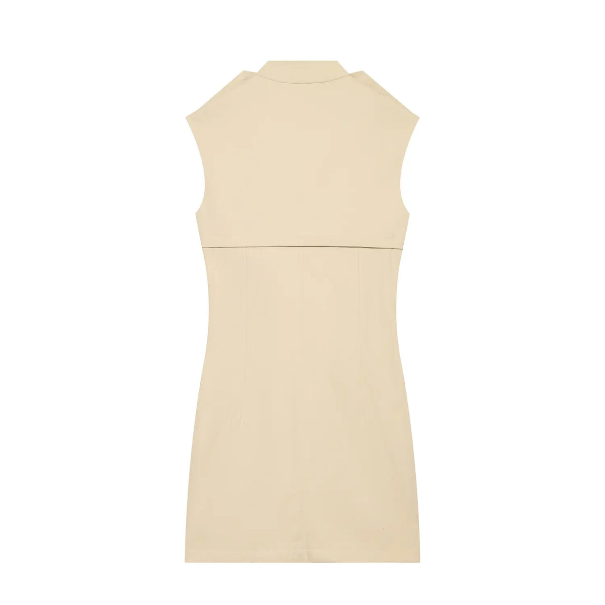 Back flat lay of khaki stand collar sleeveless double breasted mini dress