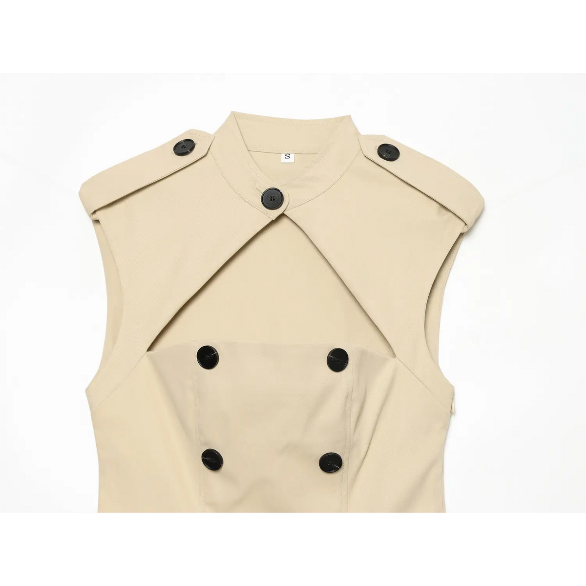 Close-up of stand collar, double breasted buttons and epaulettes