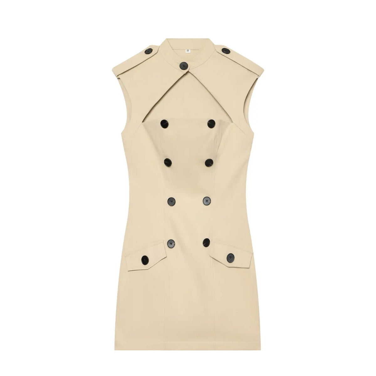 Front flat lay of khaki stand collar sleeveless double breasted mini dress