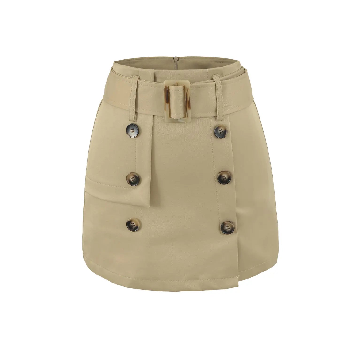 Khaki twill workwear a-line mini skirt 3D render front plain white flat lay, high waist wide belt with tortoise square buckle asymmetrical double horn buttons fake pocket stiff suit fabric short skirt main product shot