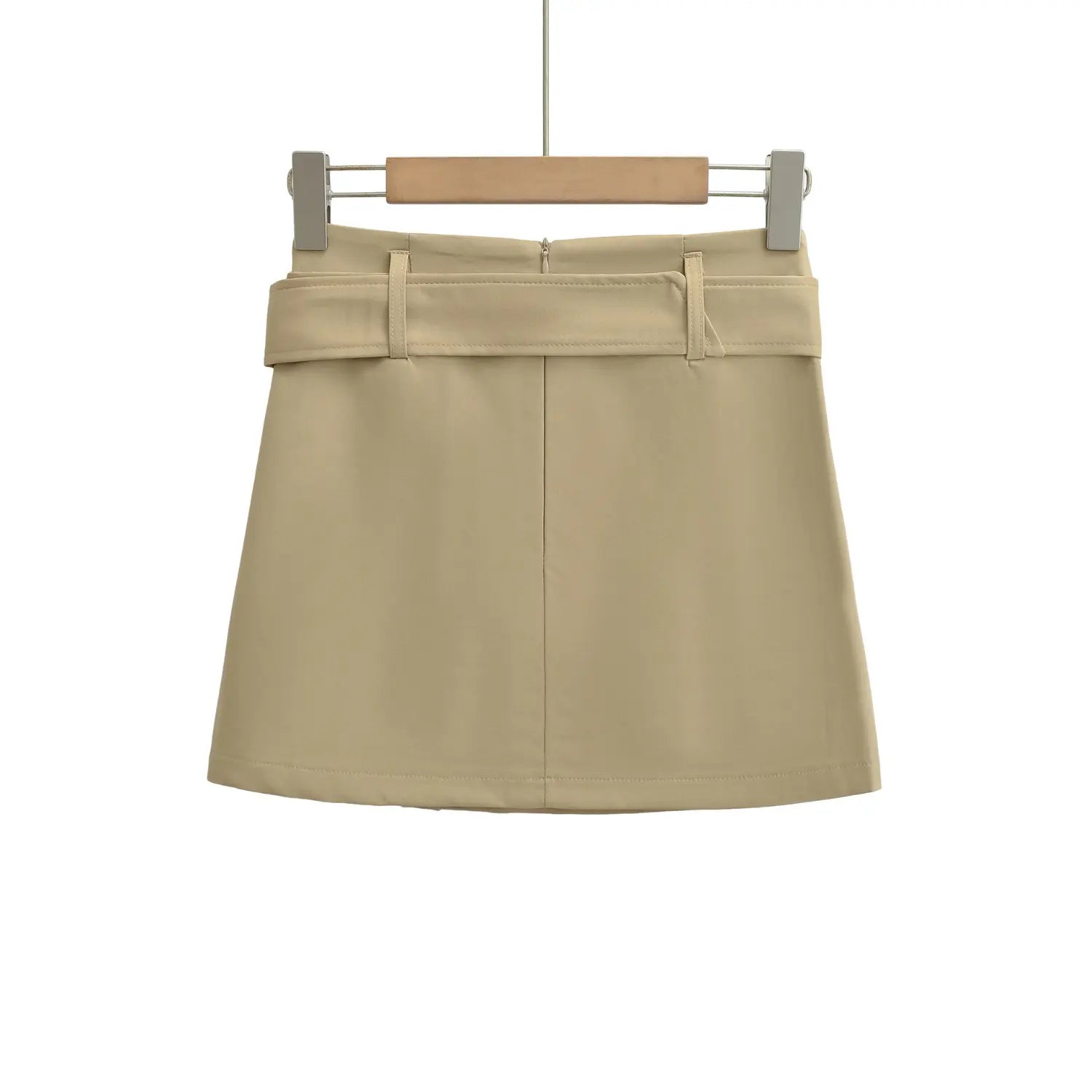 Khaki workwear mini skirt full back hanger plain white flat lay, center back invisible zipper one-piece smooth back waist dual belt loops solid twill a-line skirt back detail shot