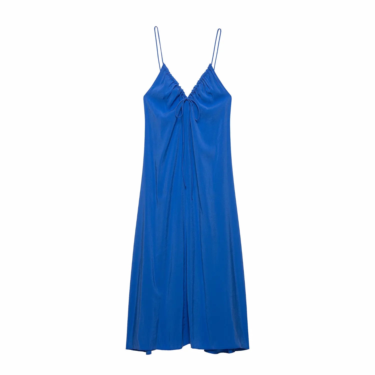 Full front flat lay midi slip dress, solid klein blue smooth satin fabric, ultra thin adjustable spaghetti straps, front center self drawstring tie V neck, loose flowy A-line midi skirt