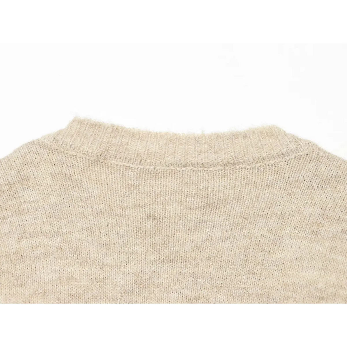 Back neckline closeup of oat heather knit cardigan, soft wool blend knit texture