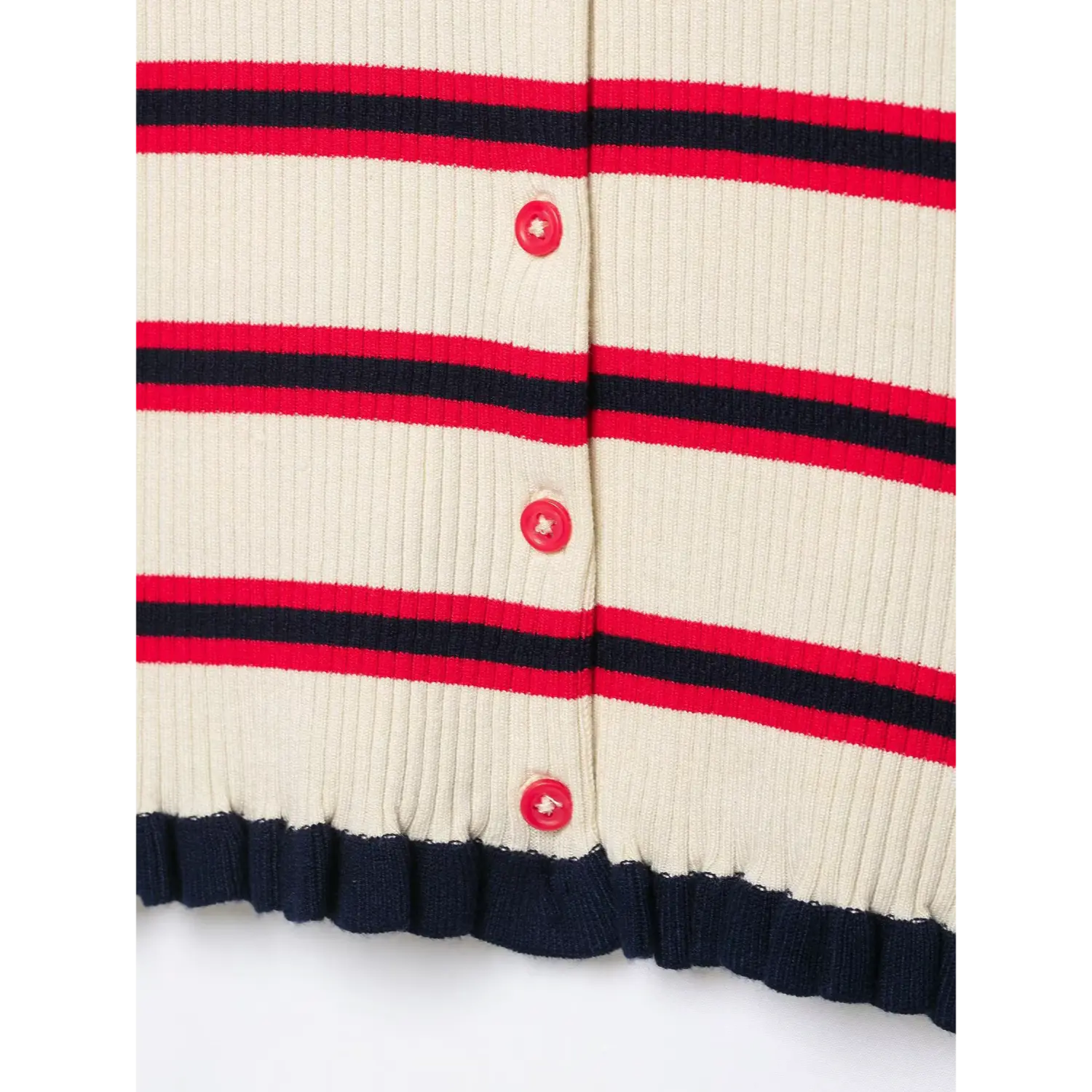 Macro close-up of front red round buttons, vertical rib knit texture, navy ruffled bottom hem detail