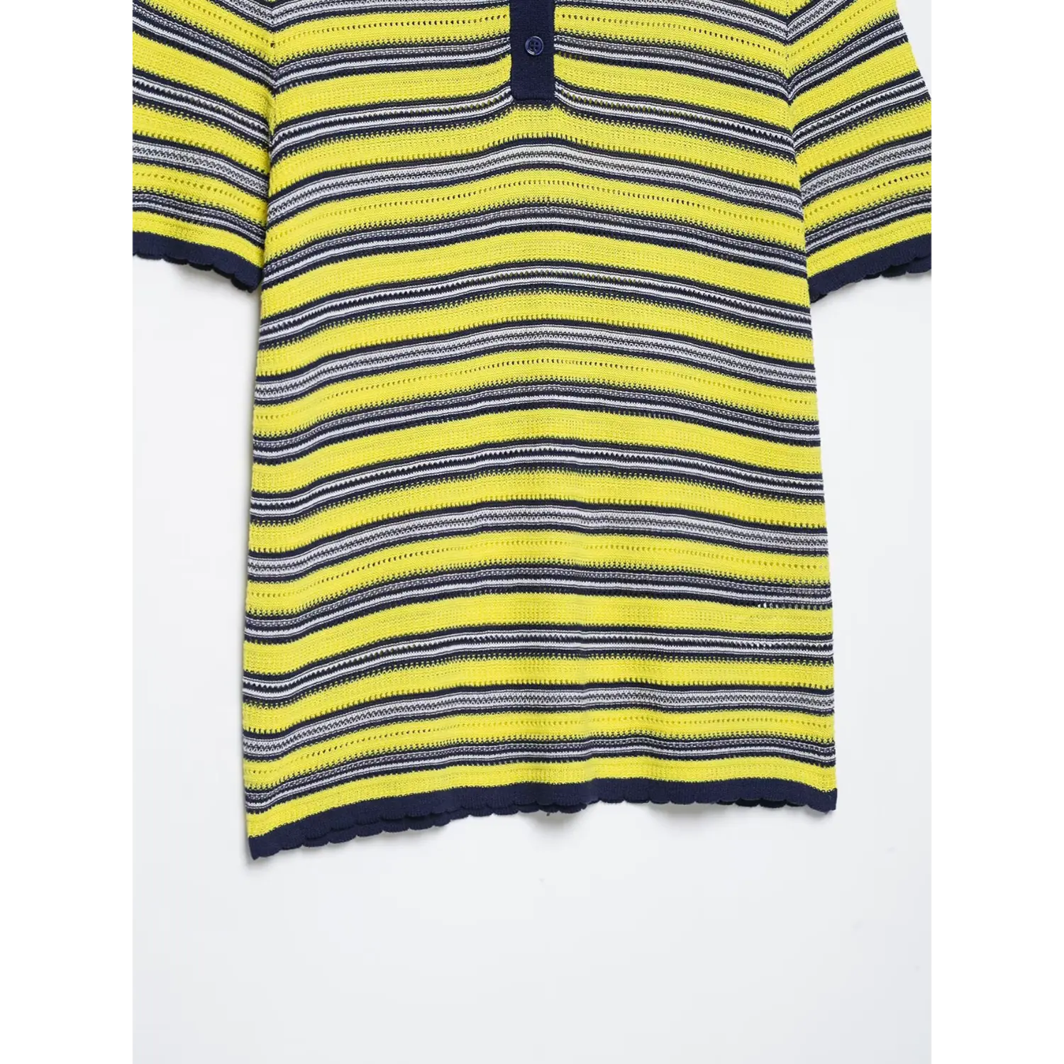 Lower torso flat shot, full horizontal stripe pattern, openwork mesh knitting, scalloped sleeve and bottom hem