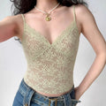 Model wearing light green lace-trim V-neck cami top, semi-sheer floral lace fitted tank