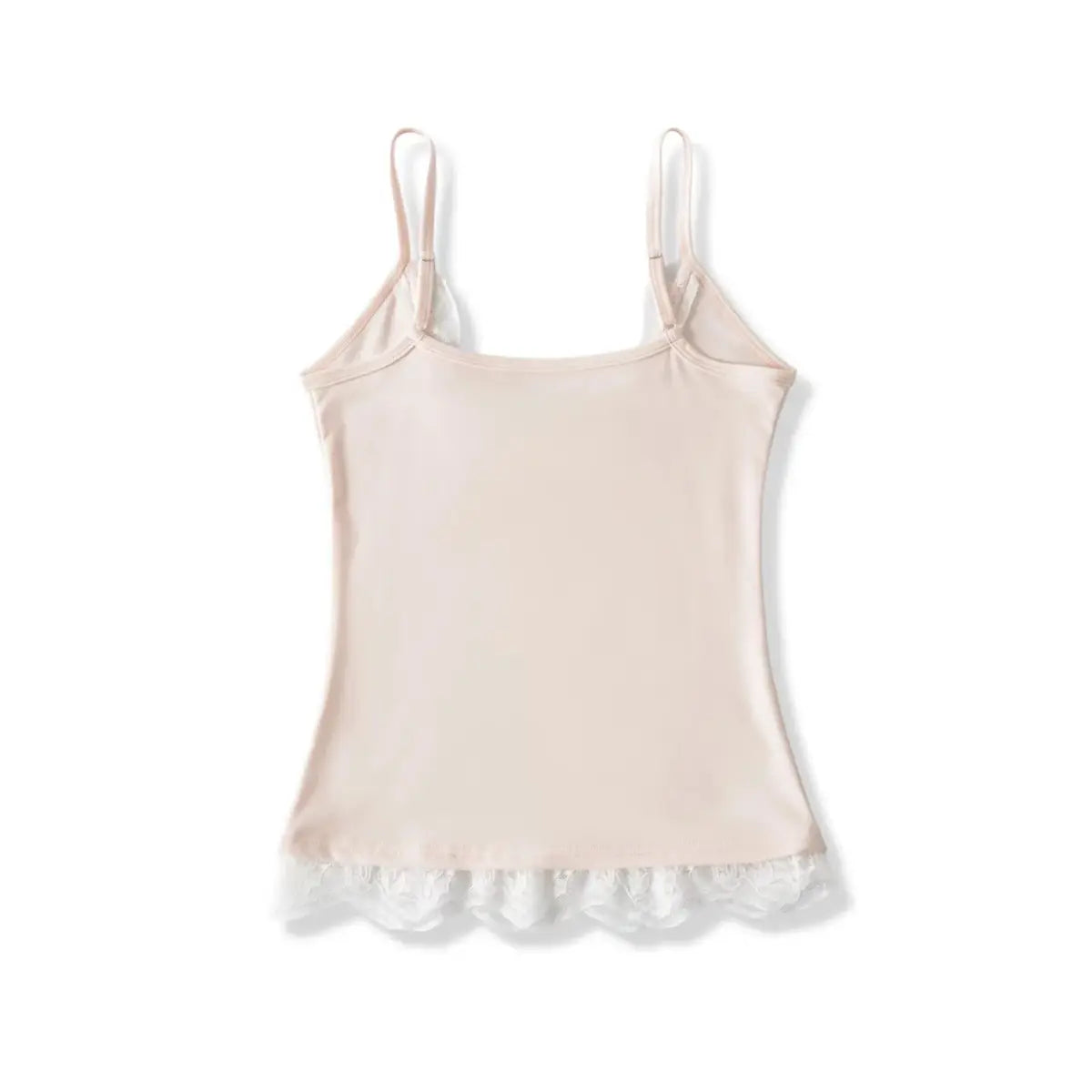Back view of a light pink cami top, displaying the adjustable straps and lace-trimmed hem.