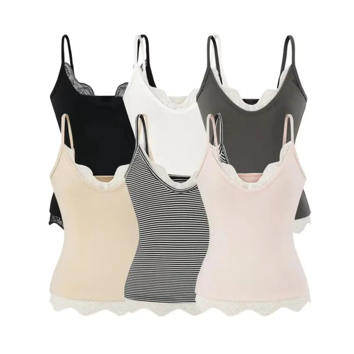 Collage of lace-trimmed cami tops in black, white, gray, beige, striped, and light pink, showing different color options.