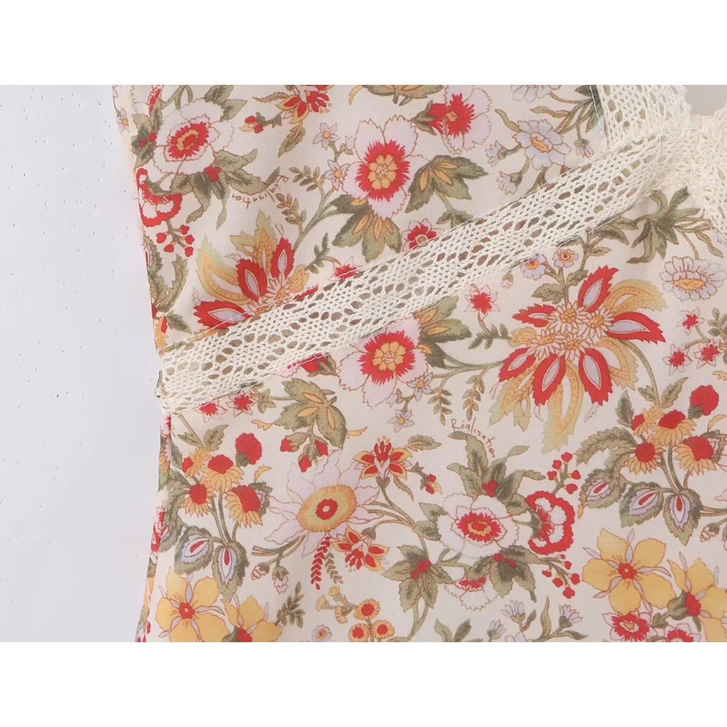 Close up cross over lace wrap v bodice waist stitching, vintage multi-color floral print summer mini dress
