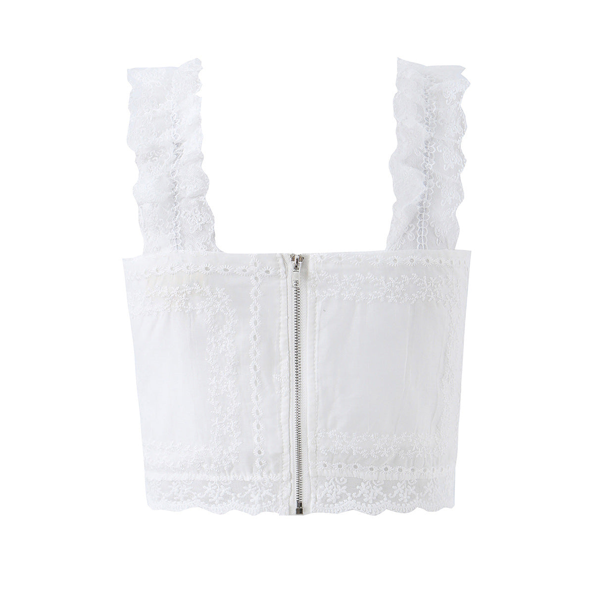 Women's white lace camisole top with ruffle straps, heart embroidery, square neckline, slim waist, cropped fit, by dingdingding.