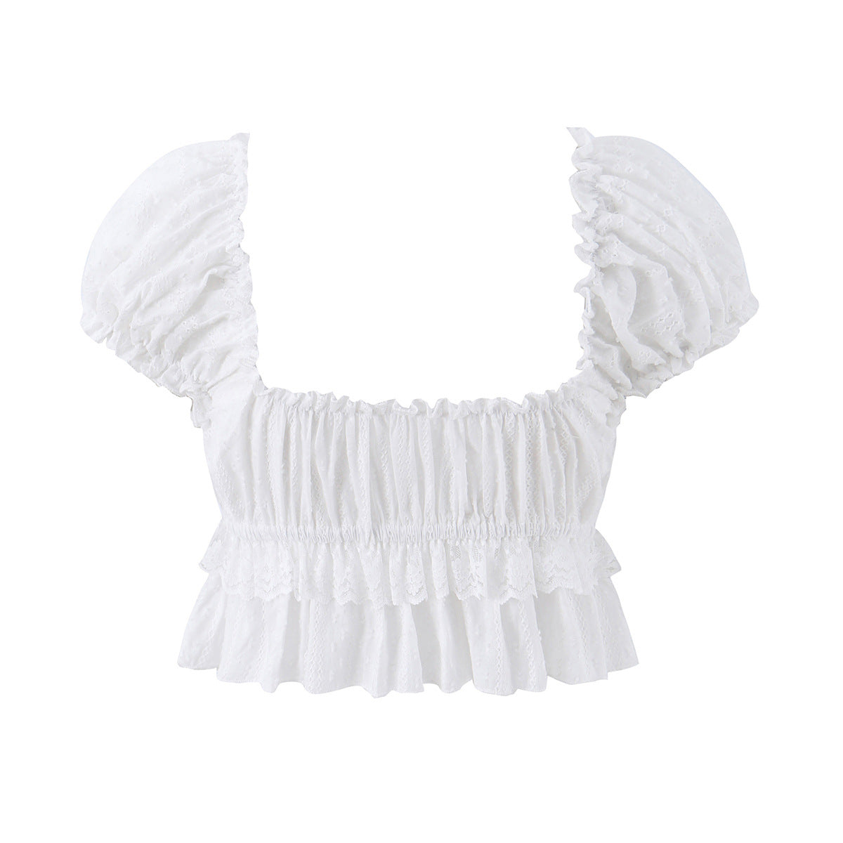 Back view of women's white lace puff short sleeve cropped top with square neckline, bow detail, frilled peplum, by dingdingding.