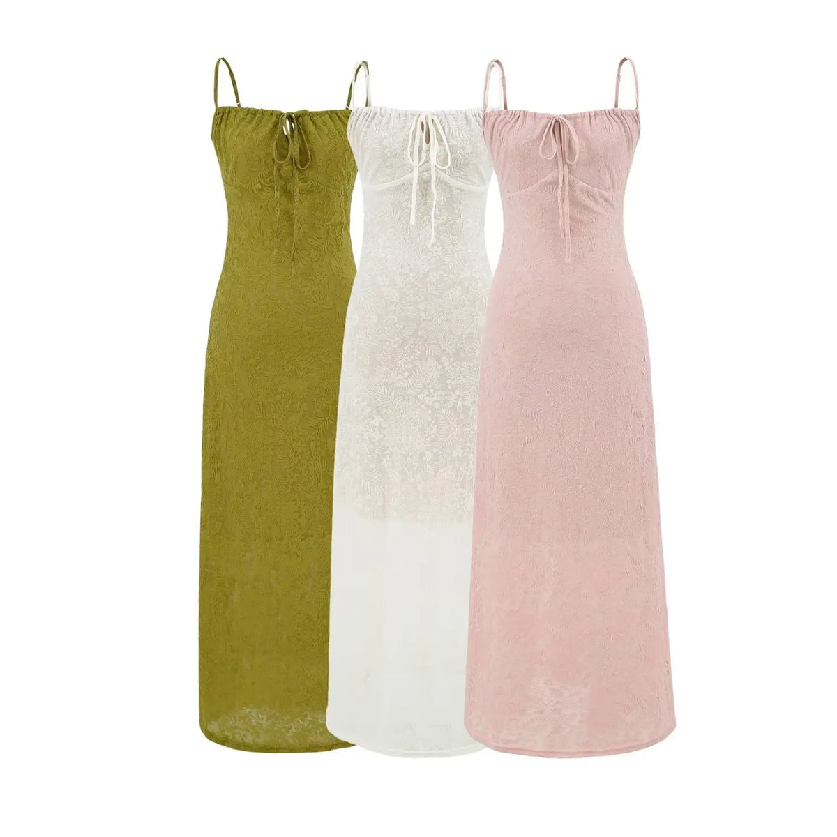 Group shot of lace slip maxi dress in off white, dusty pink, and avocado green