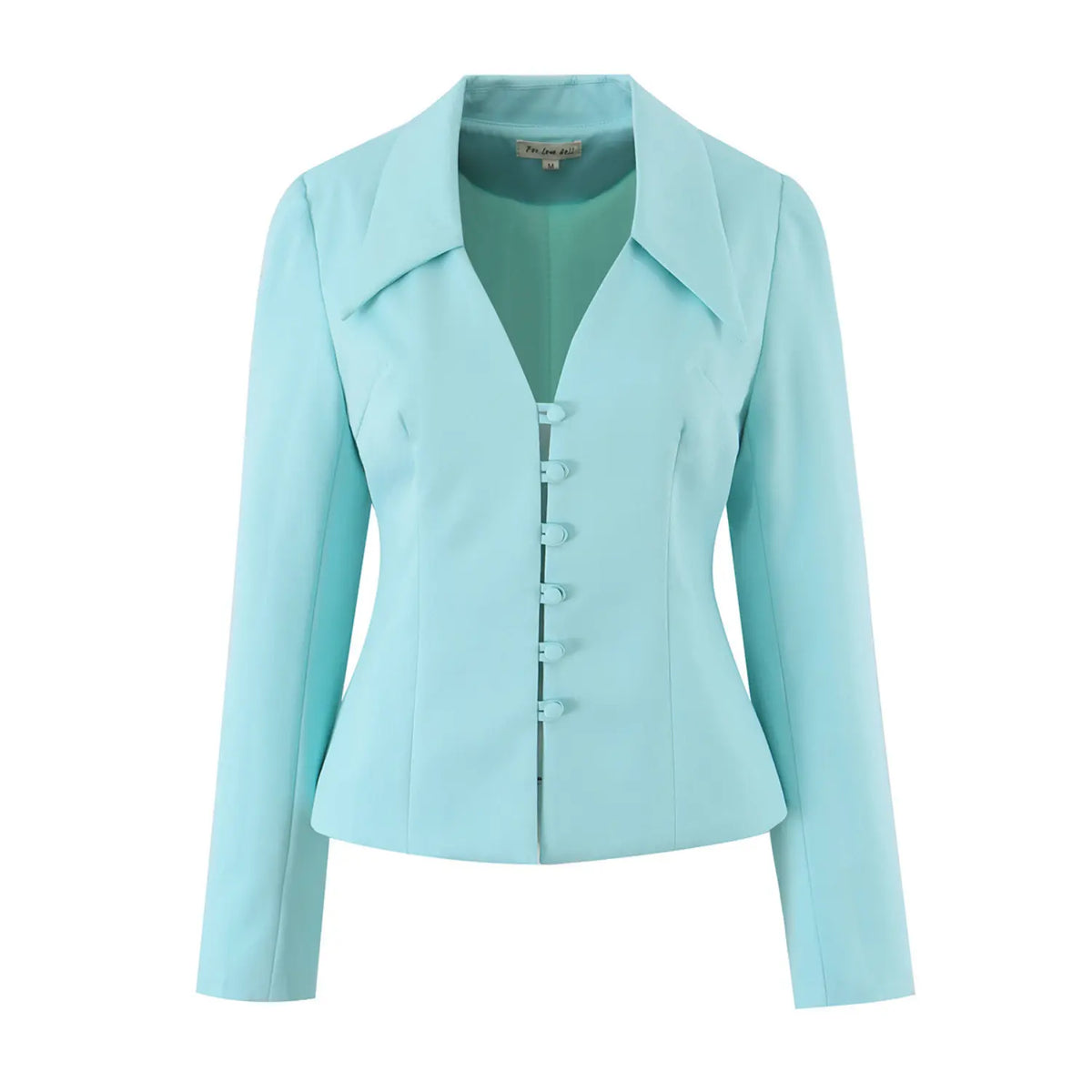 Lake blue pointed collar button front cropped jacket, front flat lay