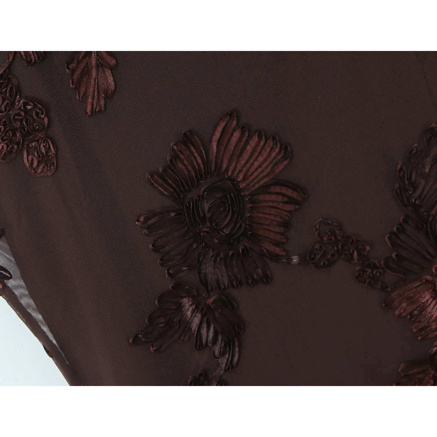 Large 3D sunflower mesh fabric all-over texture macro flat close-up, matching tone ribbon wrapped floral vine leaf embroidery lightweight sheer evening dress cloth shot