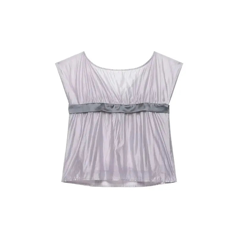 Back full flat lay lavender gray cami top, round back neckline, full elastic gathered bust, soft natural wrinkle fabric, loose cropped silhouette