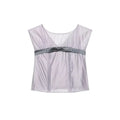 Front full flat lay lavender gray sleeveless camisole, hidden V neck inside, contrast dark gray satin waist bow, vertical pin-tuck pleats at front, wide cap shoulder sleeves, lightweight wrinkled glossy fabric, cropped slim fit inner top