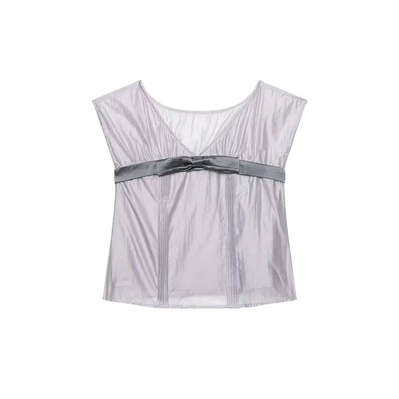 Front full flat lay lavender gray sleeveless camisole, hidden V neck inside, contrast dark gray satin waist bow, vertical pin-tuck pleats at front, wide cap shoulder sleeves, lightweight wrinkled glossy fabric, cropped slim fit inner top