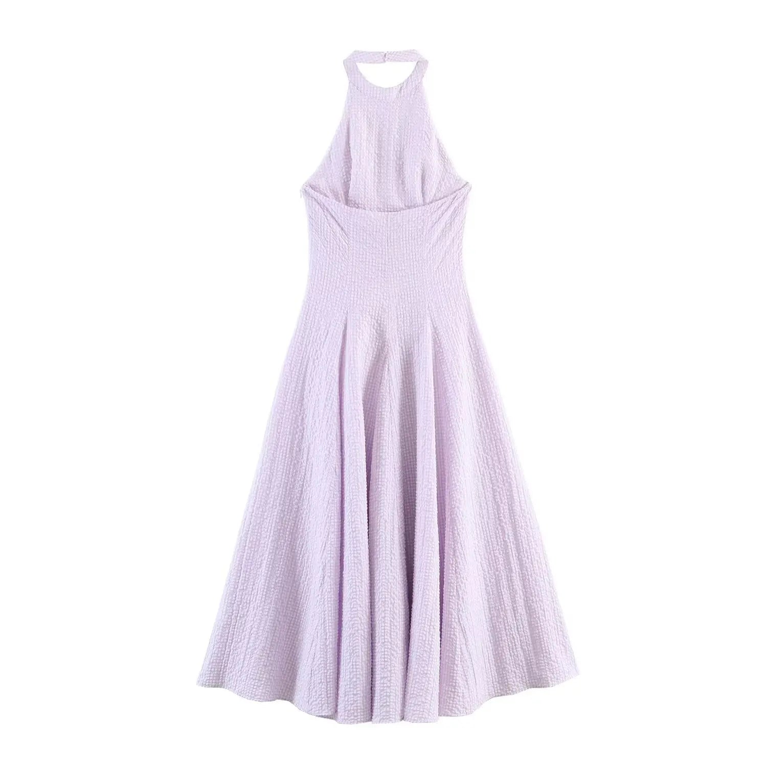 Lavender gingham halter maxi dress back view, open back cutout, fitted waist, flowy full maxi skirt