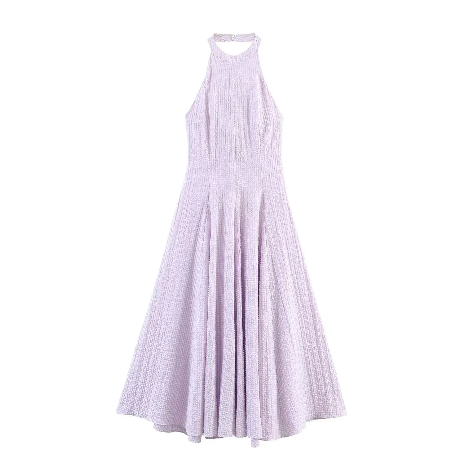 Lavender gingham halter maxi dress front view, halter neckline, fitted bodice, voluminous flared long skirt, crinkle textured fabric