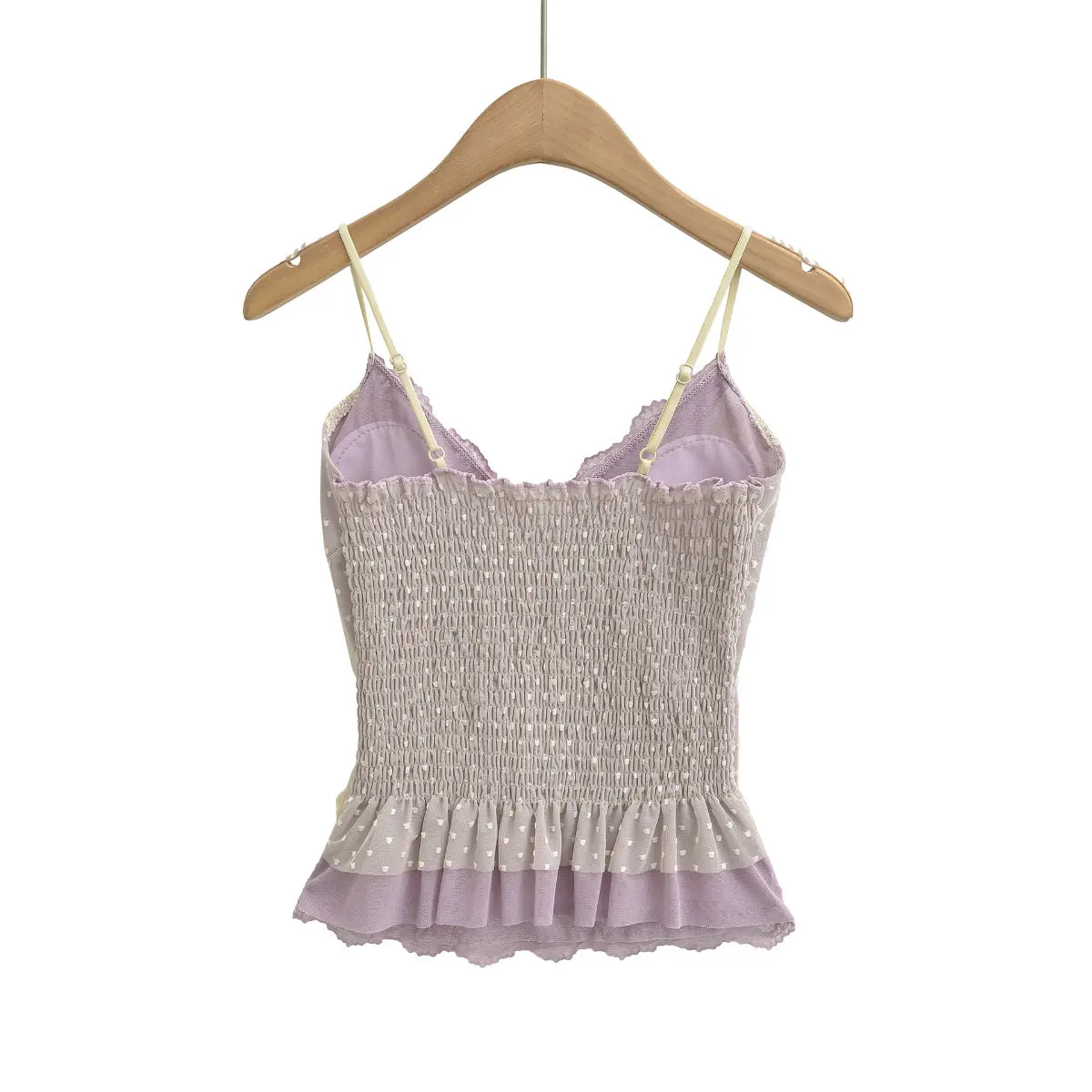 Back view of a lavender camisole, showing the full elastic smocked panel and adjustable straps.