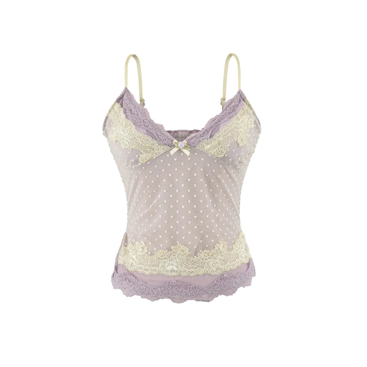 Studio shot of a lavender camisole with heart-patterned mesh, layered lace trim, and a small floral accent.