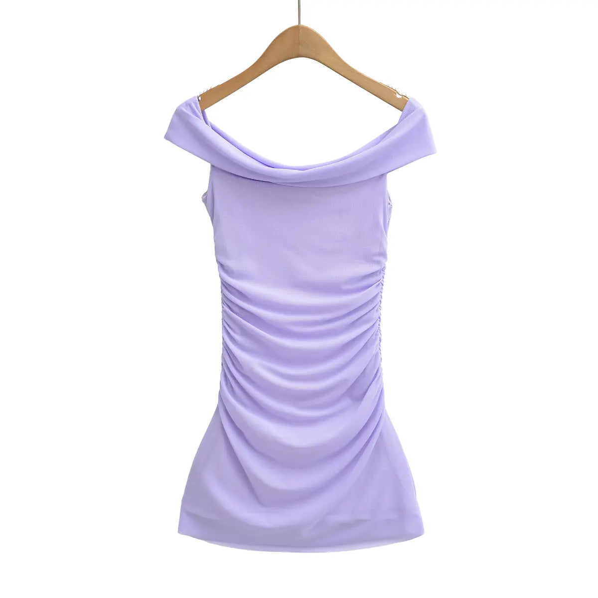 Full back view of the lavender mesh off-the-shoulder dress on a wooden hanger, showing draped neckline and side ruching