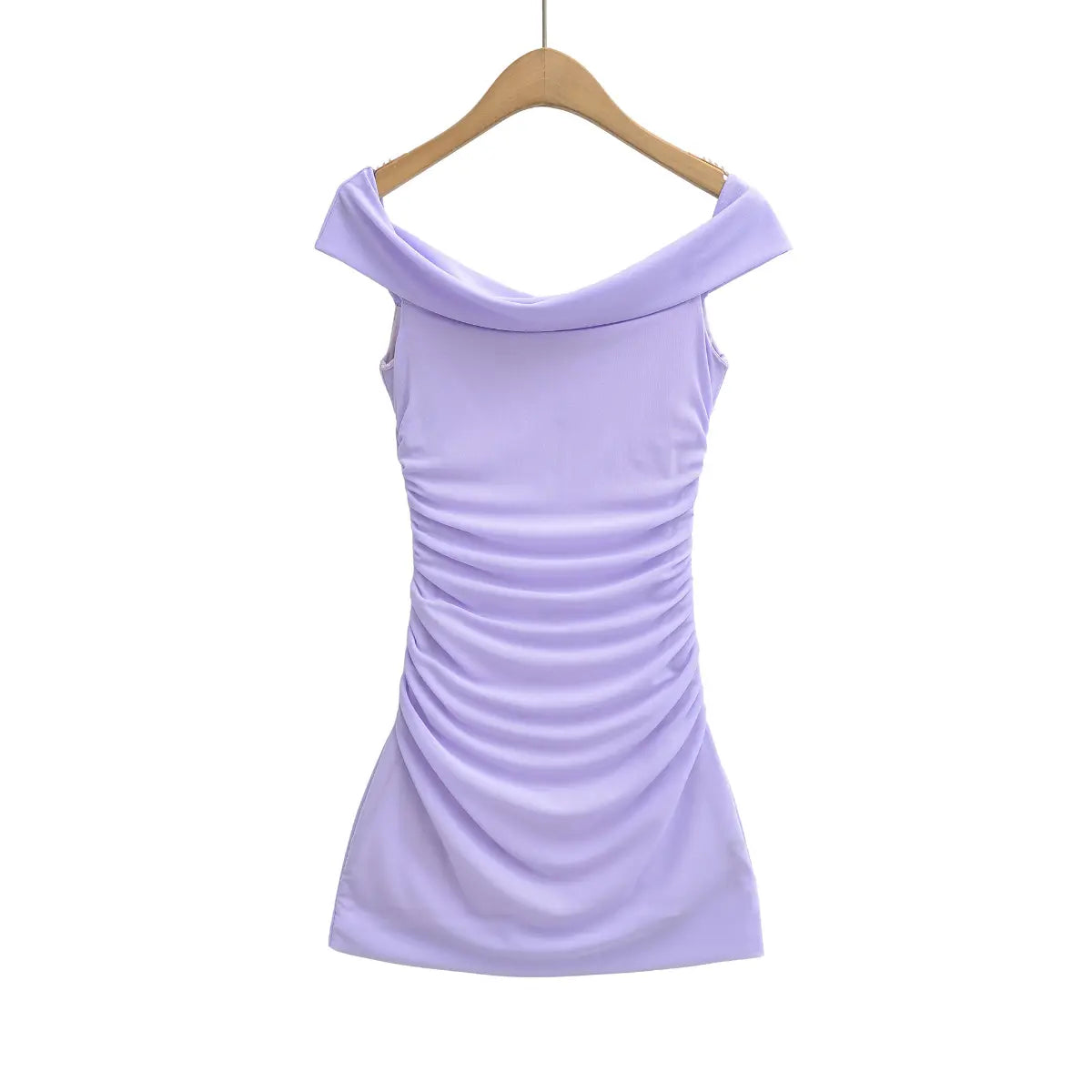 Full back view of the lavender mesh off-the-shoulder dress on a wooden hanger