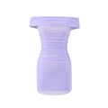 Full front view on white background of lavender off-the-shoulder ruched mesh mini dress with side ruching