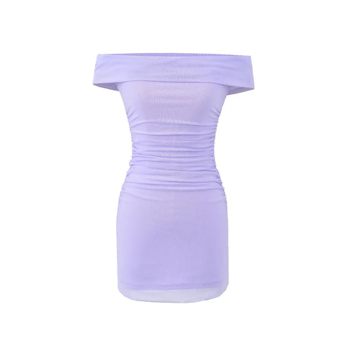 Full front view on white background of lavender off-the-shoulder ruched mesh mini dress with side ruching